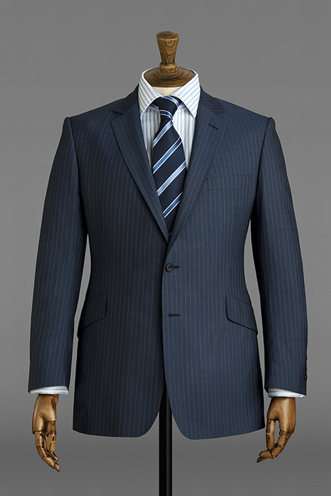 Single breasted two-button mid blue pin stripe (ultra lightweight).